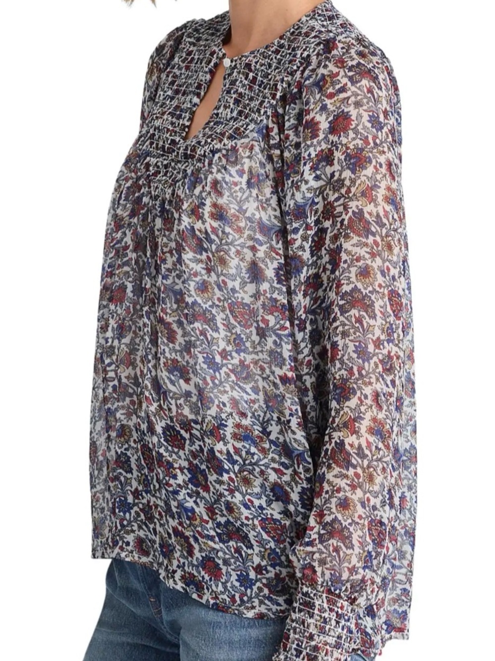 Madewell Smocked Split Crewneck Top in Cherry Red Floral